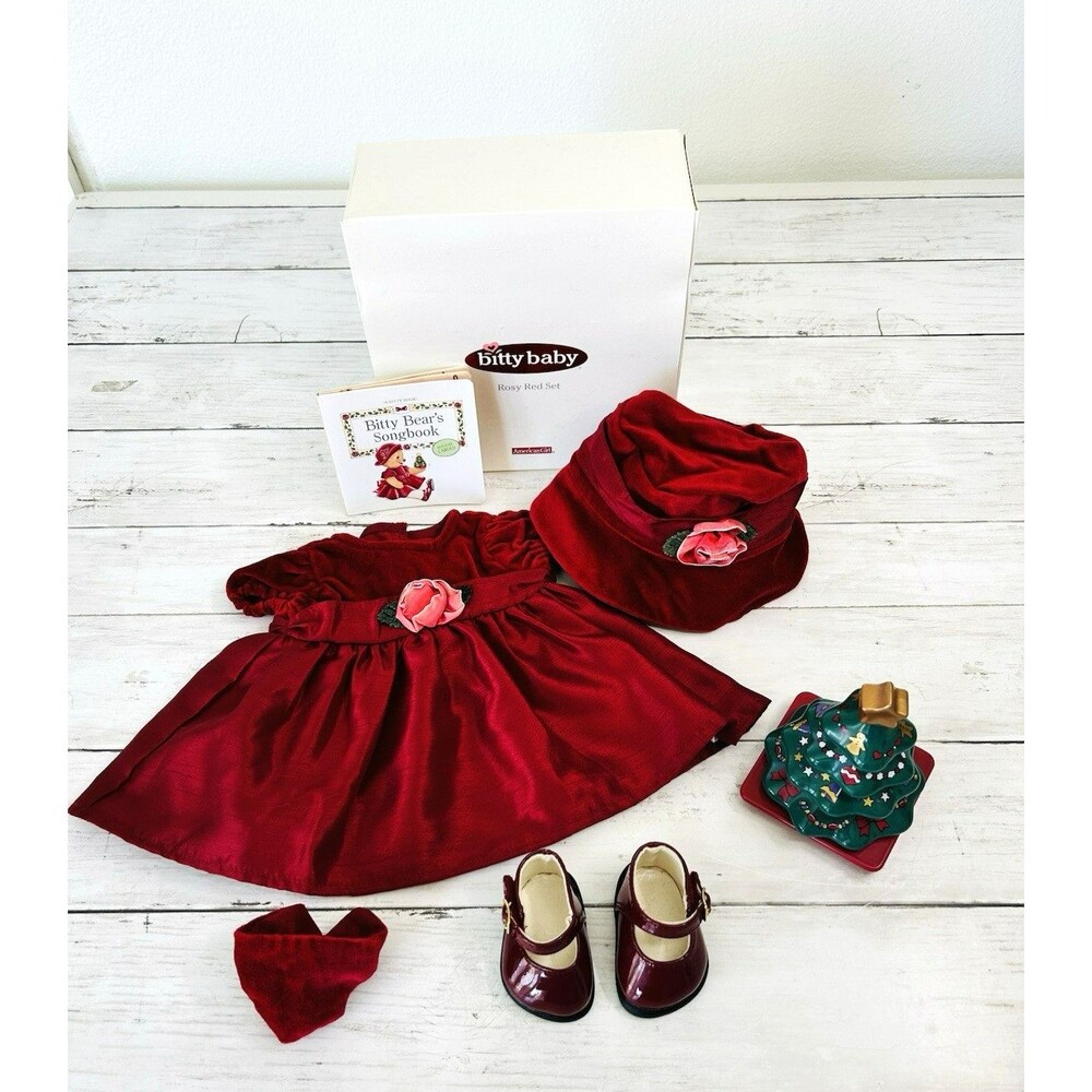 American Girl Bitty Baby Vintage Rosy Red Set 2004 Dress Shoes Toy Hat Box